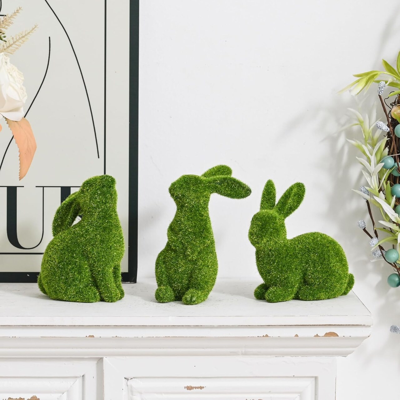 Resin Flocked Bunny Figurines Set of 3, Artificial Green Moss Bunnies for Easter